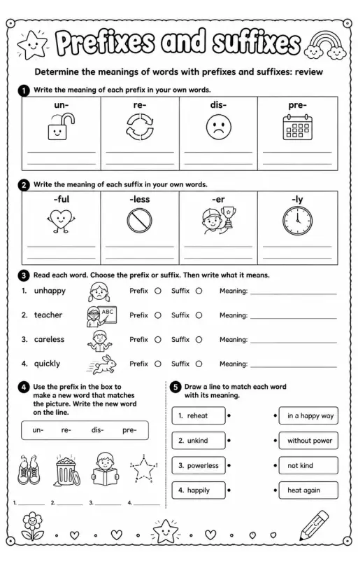 Determine the meanings of words with prefixes and suffixes: review