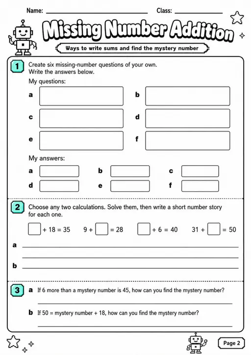 Missing Number Addition - Grade 3 Math Worksheet - grade 3 Calculations and multi-step problem solving