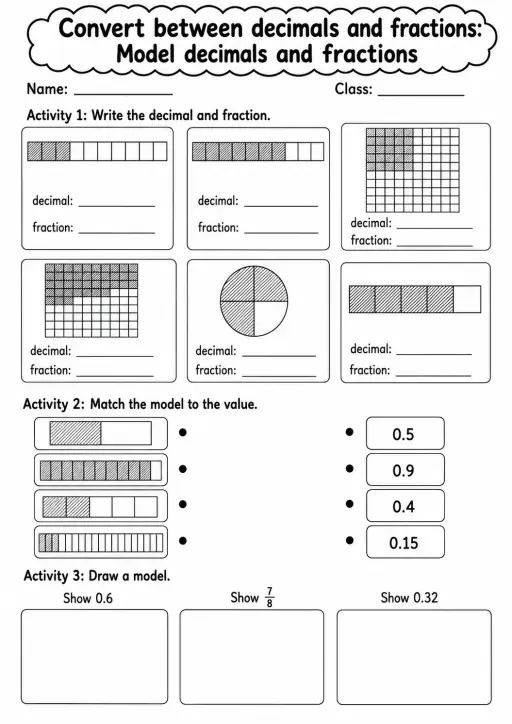 Grade 5 Convert Between Decimals And Fractions Math Worksheet Pack