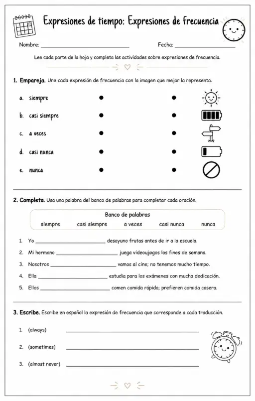 Reconocer palabras, frases o oraciones en español relacionadas con expresiones de frecuencia.