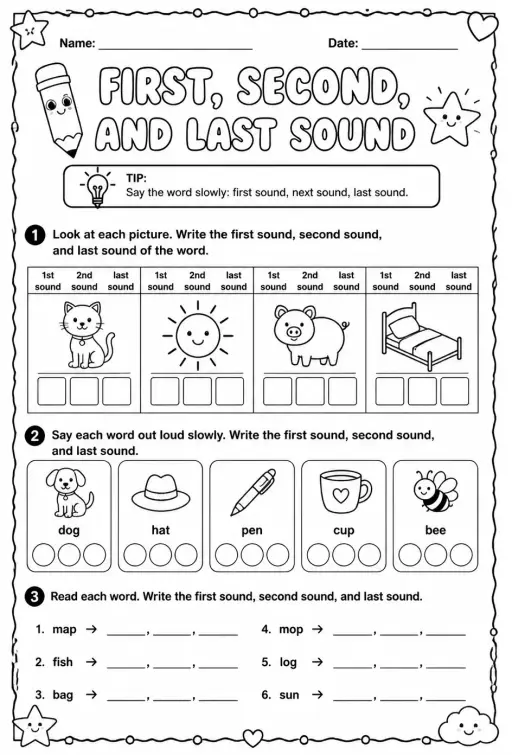 Identify the first, second, and last sound in a word
