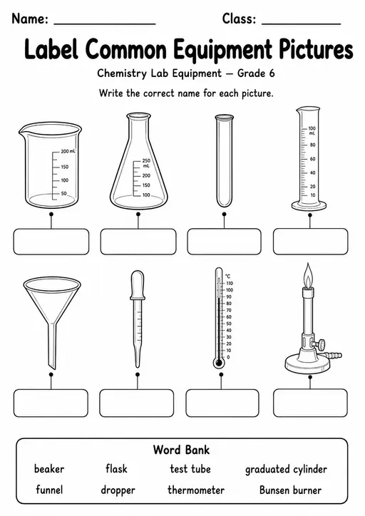 Chemistry Lab Equipment Pack | 10 Worksheets | Grade 6