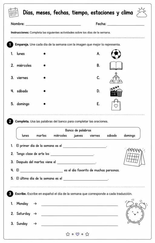 Reconocer palabras, frases o oraciones en español relacionadas con los días de la semana.