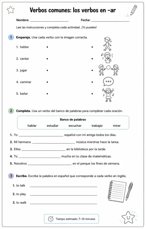 Reconocer palabras, frases o oraciones en español relacionadas con verbos regulares -ar.