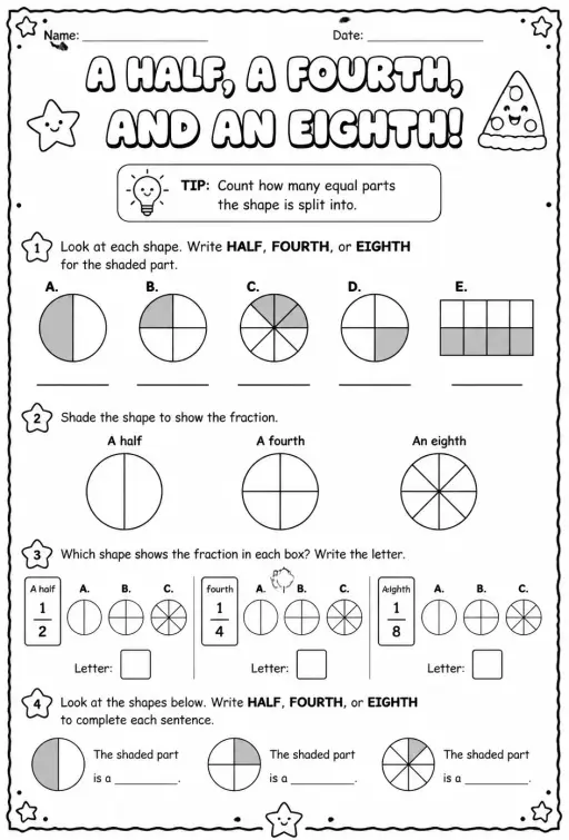 Identify a half, a fourth, and an eighth