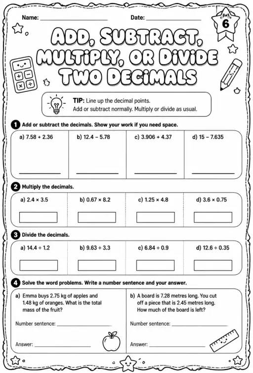 Add, subtract, multiply, or divide two decimals