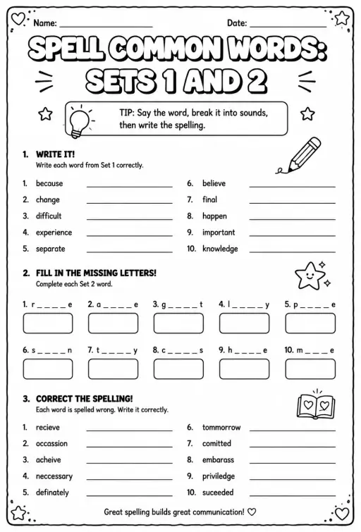 Spell common words: sets 1 and 2