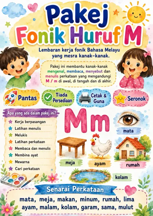 Malay Letter M Phonics Worksheets Pack