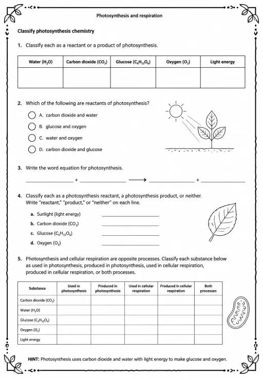 Classify photosynthesis chemistry