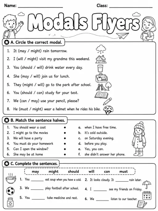 Modals Flyers Vocabulary Worksheet Pack