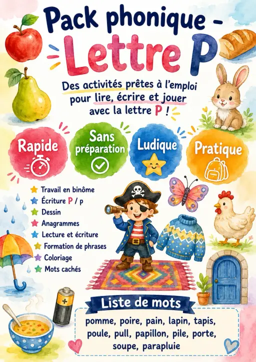 French Letter P Phonics Worksheets Pack