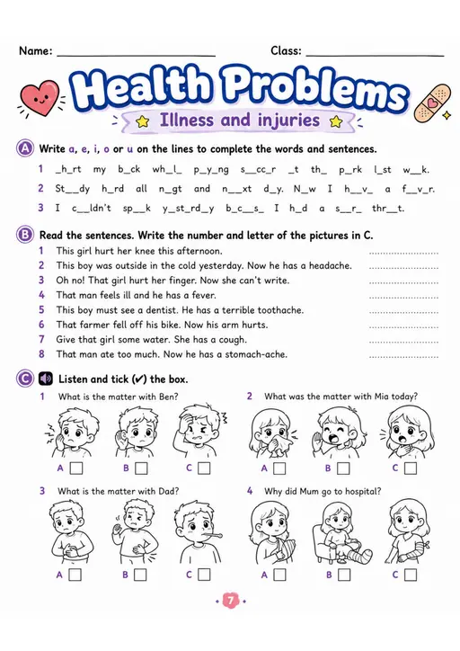 Cambridge MOVERS - Health Problems | Free Worksheet