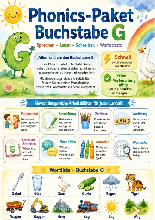 German Letter G Phonics Worksheets Pack