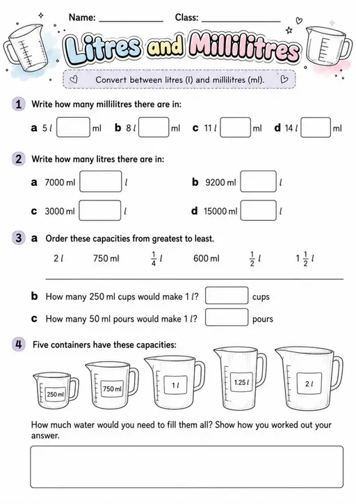 Litres and Millilitres - Grade 3 Math Worksheet