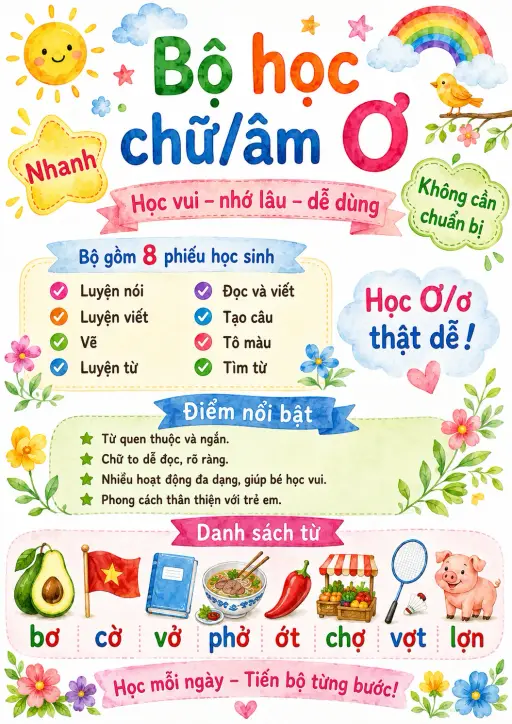 Vietnamese Letter O Horn Phonics Worksheets Pack