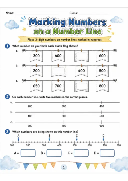 Marking Numbers on a Number Line - Grade 3 Math Worksheet - grade 3 Reading, explanation, and short-response questions