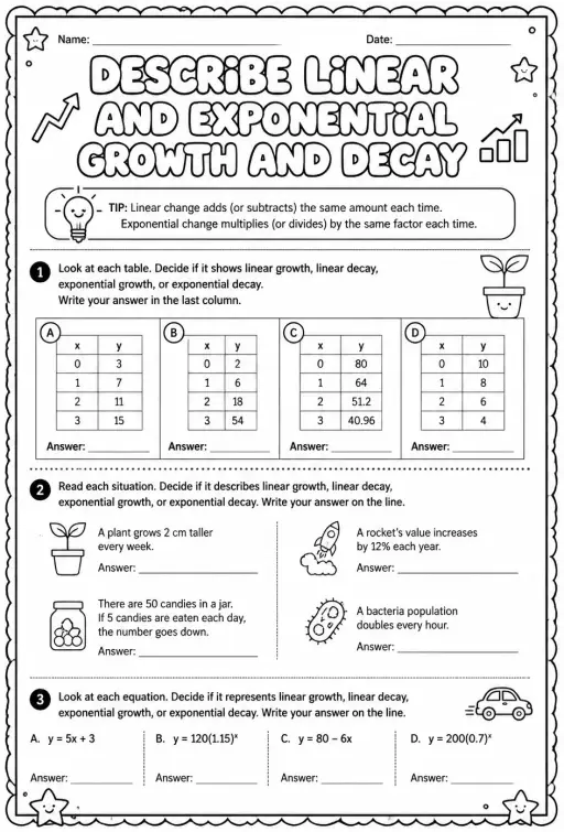 Describe linear and exponential growth and decay