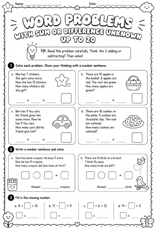 Word problems with sum or difference unknown - up to 20