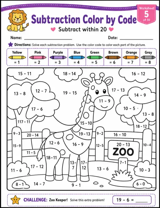 Subtraction Color by Code: Subtract within 20
