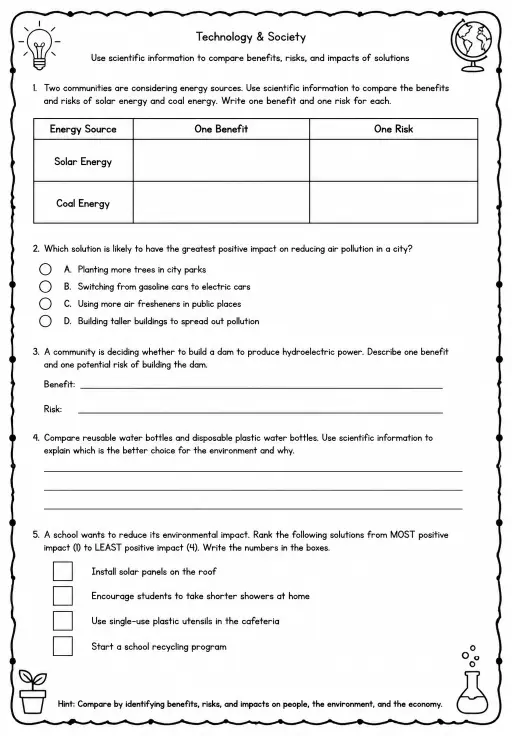Use scientific information to compare benefits, risks, and impacts of solutions