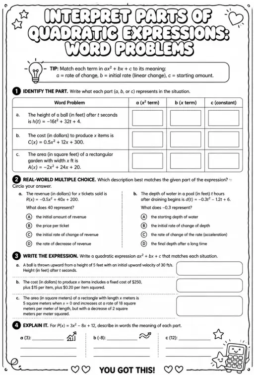 Interpret parts of quadratic expressions: word problems