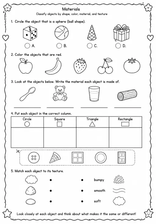 Classify objects by shape, color, material, and texture