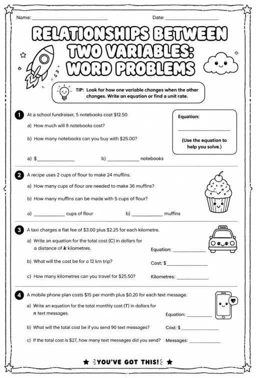 Relationships between two variables: word problems