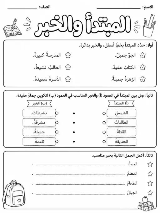 المبتدأ والخبر - حزمة أوراق عمل اللغة العربية