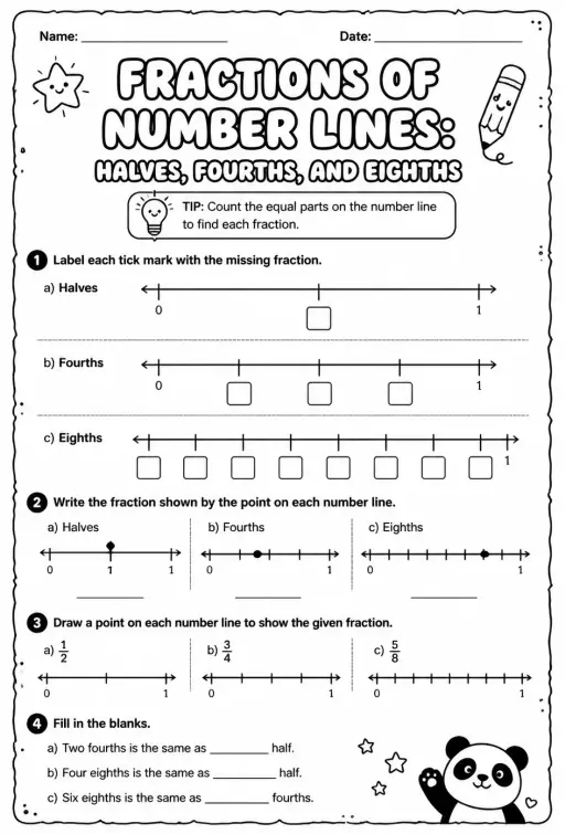 Fractions of number lines: halves, fourths, and eighths