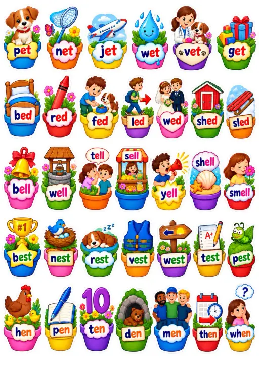 Short Vowel Word Endings English Vocabulary Stickers