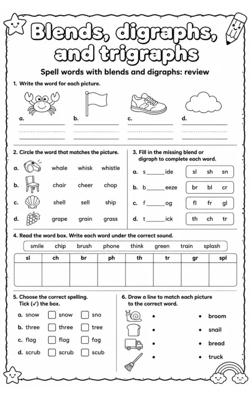 Spell words with blends and digraphs: review