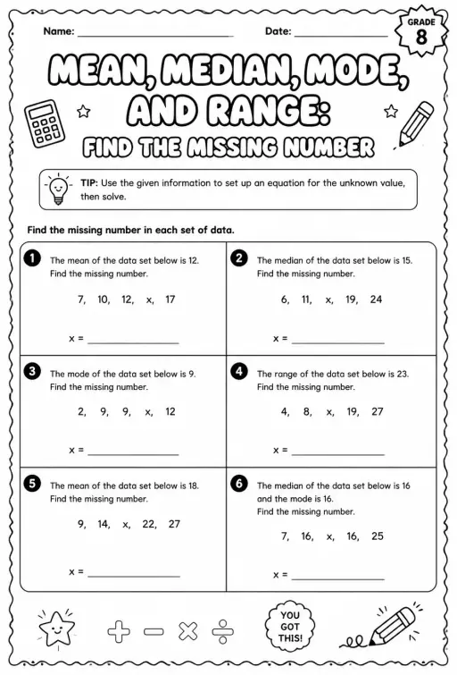 Mean, median, mode, and range: find the missing number