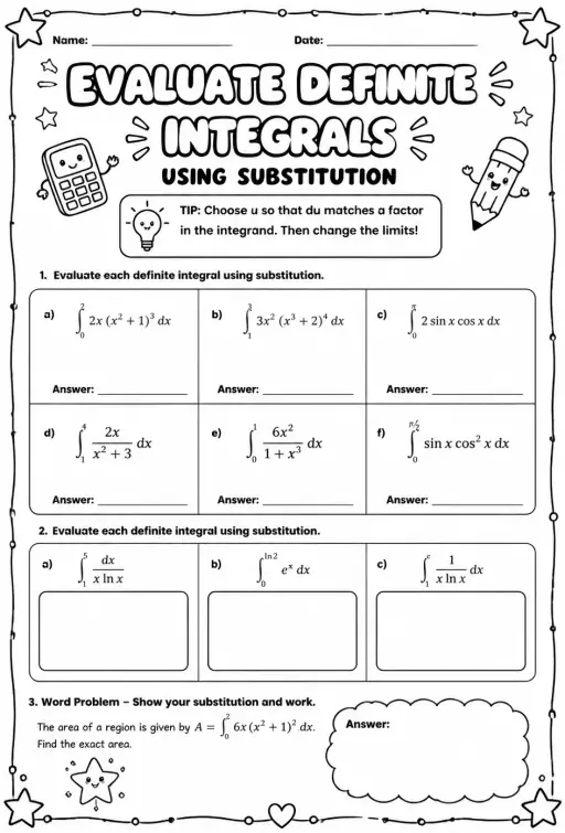 Evaluate definite integrals using substitution