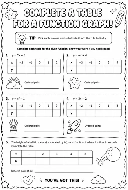 Complete a table for a function graph