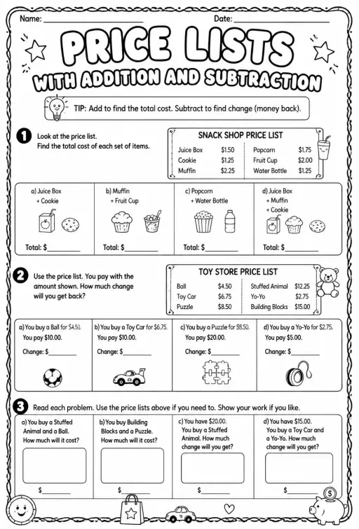Price lists with addition and subtraction