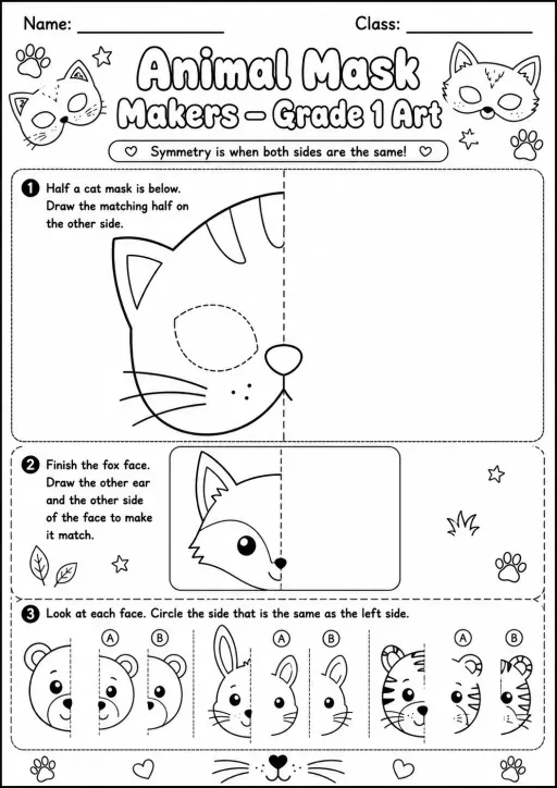 Animal Masks Symmetry Drawing Worksheet Pack