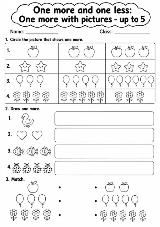 Pre-K One More and One Less Math Worksheet Pack