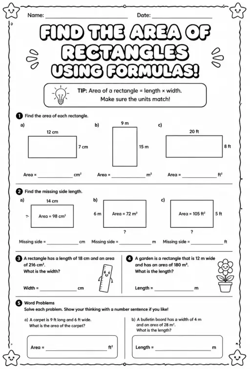 Find the area of rectangles using formulas