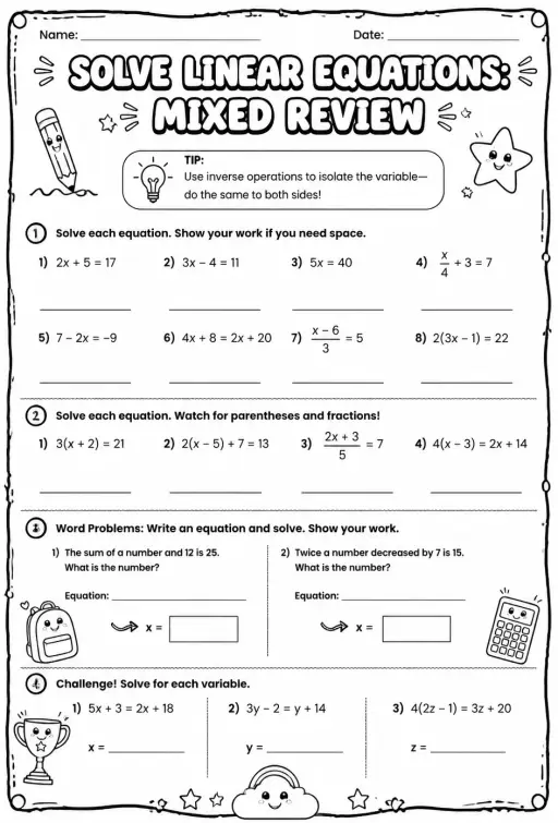 Solve linear equations: mixed review
