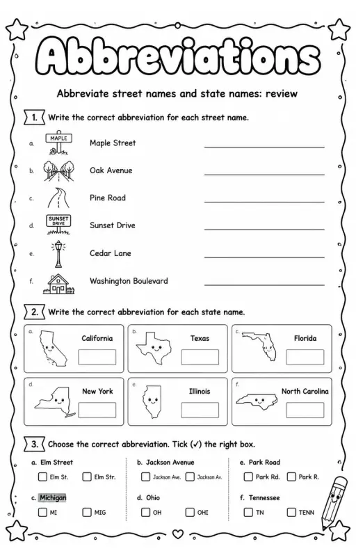 Abbreviate street names and state names: review