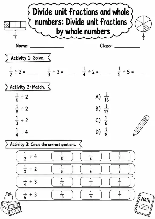 Grade 5 Divide Unit Fractions And Whole Numbers Math Worksheet Pack