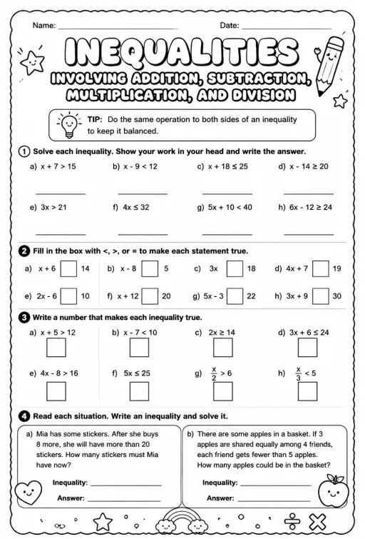 Inequalities involving addition, subtraction, multiplication, and division