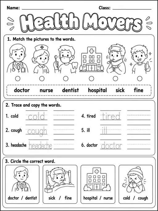 Health Movers Vocabulary Worksheet Pack