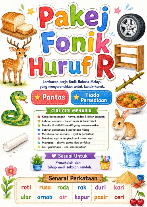 Malay Letter R Phonics Worksheets Pack