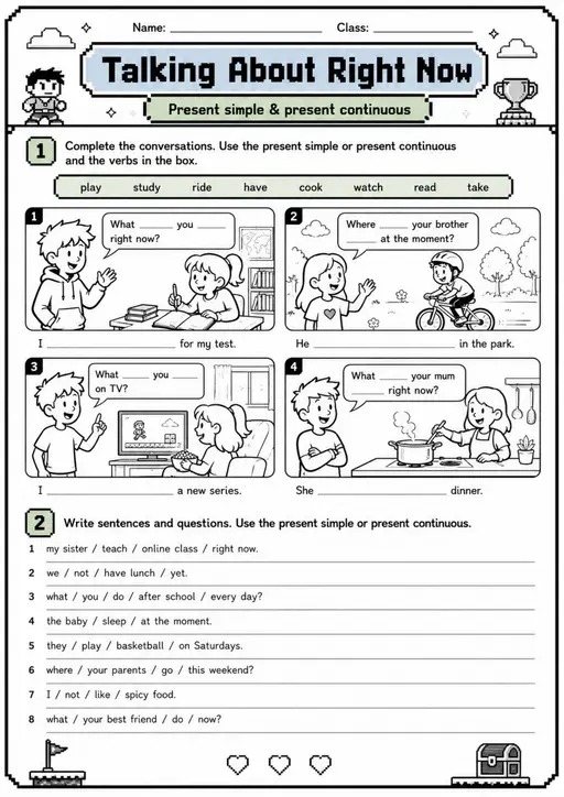 Present and Past Tenses: Talking About Right Now | Grades 5-6 Grammar Worksheet