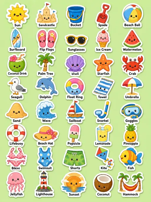 Summer and Beach Printable Sticker Sheet