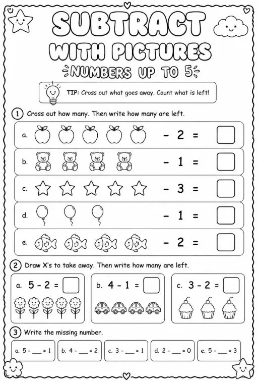 Subtract with pictures - numbers up to 5