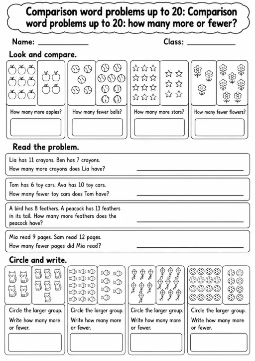Grade 1 Comparison Word Problems Up To 20 Math Worksheet Pack