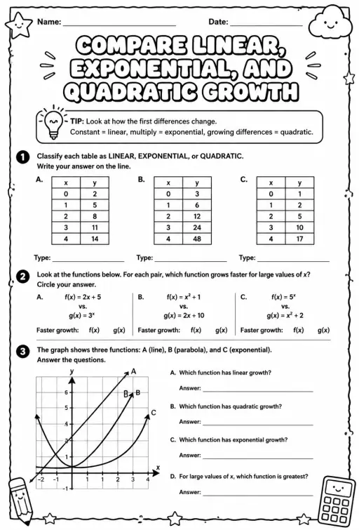 Compare linear, exponential, and quadratic growth