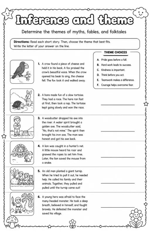 Determine the themes of myths, fables, and folktales